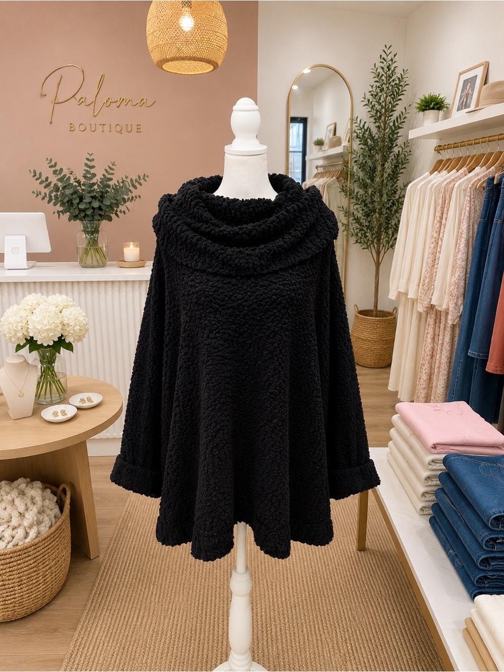 White Birch Black Oversized Size S Cowl Neck Popcorn Sweater NWOT